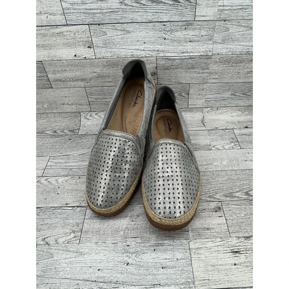 Clarks Collection Silver Metallic Perforated Espadrille Slip On Shoes Women 6.5M